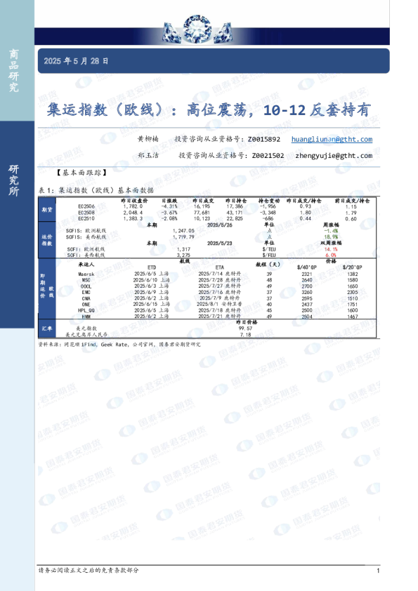 集运指数（欧线）：高位震荡，10-12 反套持有