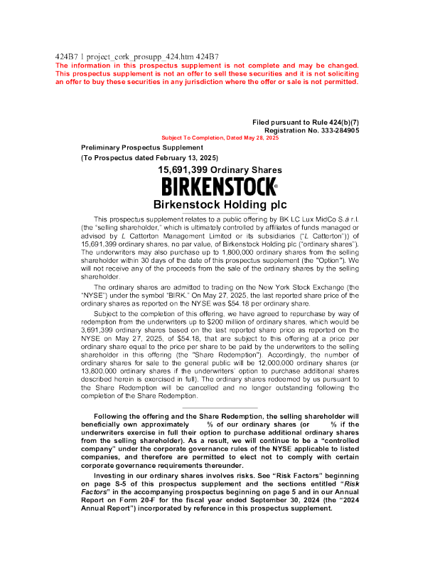 Birkenstock Holding plc美股招股说明书(2025-05-28版)