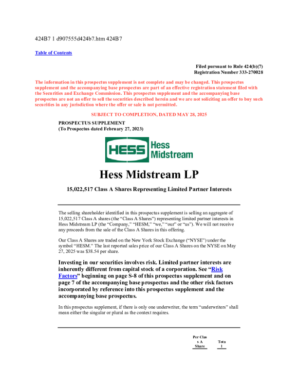 Hess Midstream LP-A美股招股说明书(2025-05-28版)