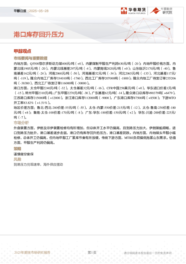 甲醇日报：港口库存回升压力