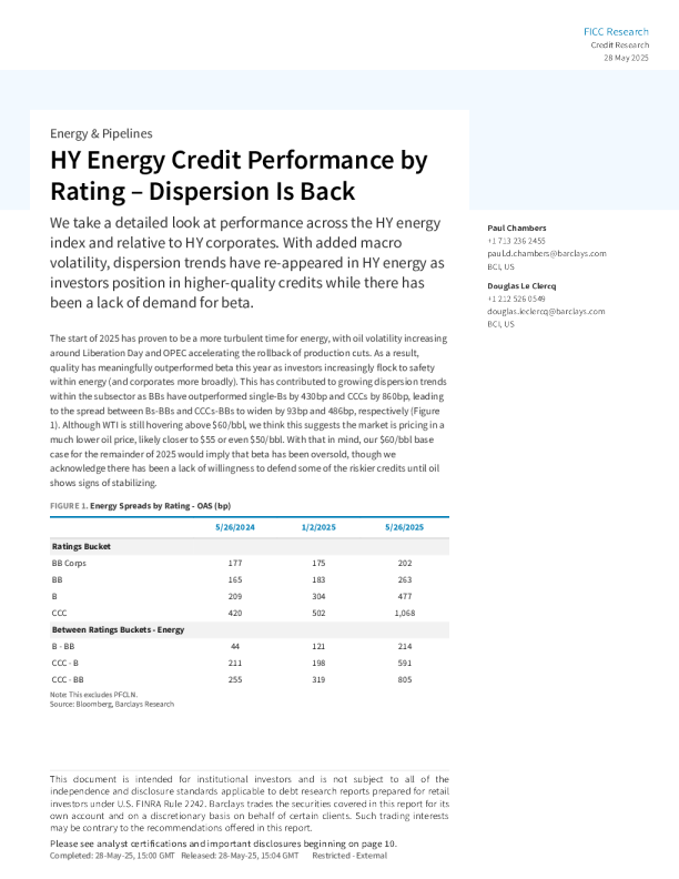 高收益能源信用评级表现-分散度回归