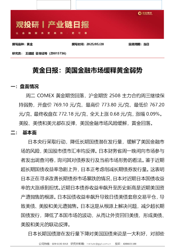 黄金日报：美国金融市场缓释黄金弱势