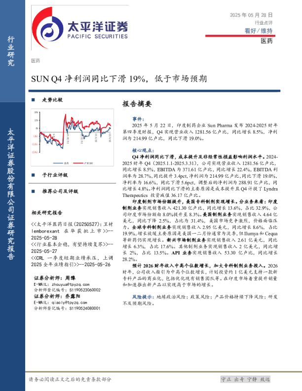 SUN Q4净利润同比下滑19%，低于市场预期