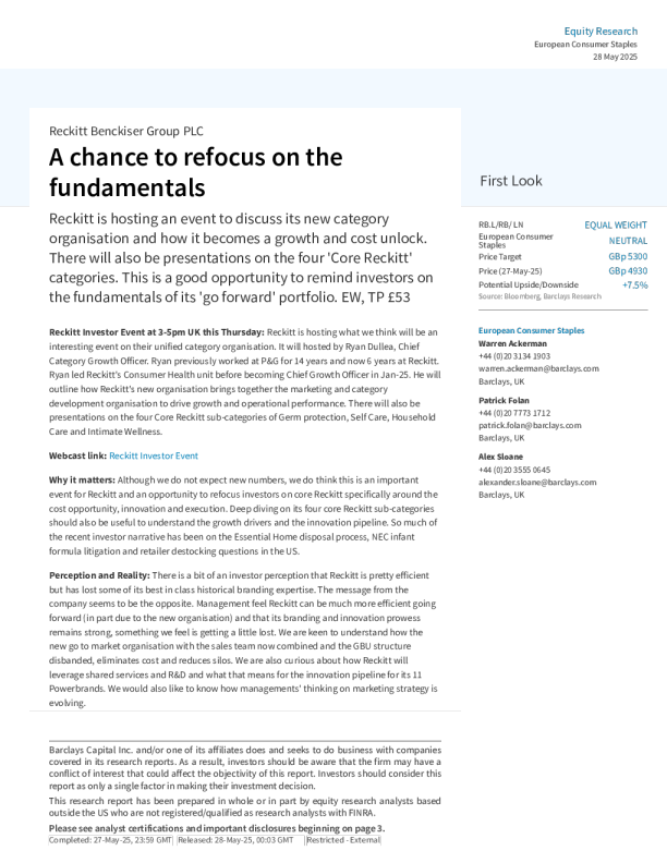 利洁时集团（RB）：重新聚焦基本面的机会