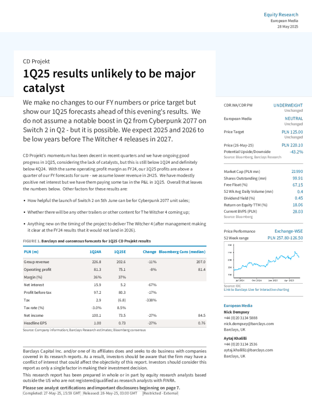 CD项目2025年第一季度业绩不太可能成为主要催化剂
