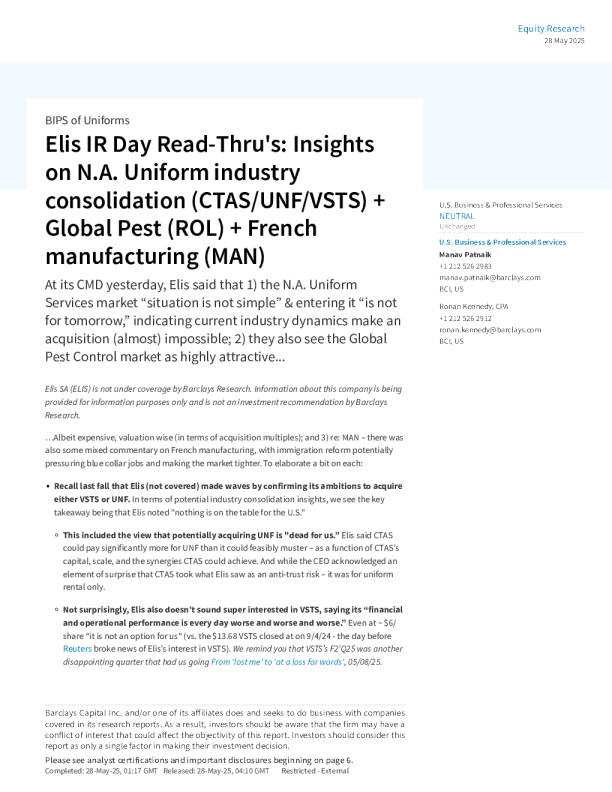 埃尔іс投資者關係日解讀：北美制服行業整合（CTAS/UNF/VSTS）+全球害蟲防治（ROL）+法國製造業（MAN）