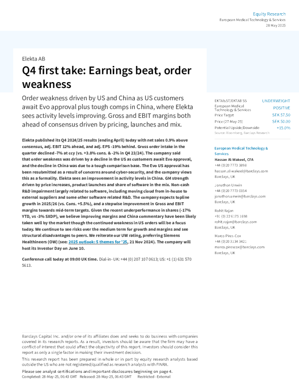 医科达公司Q4初步评估：收益超预期，订单疲软