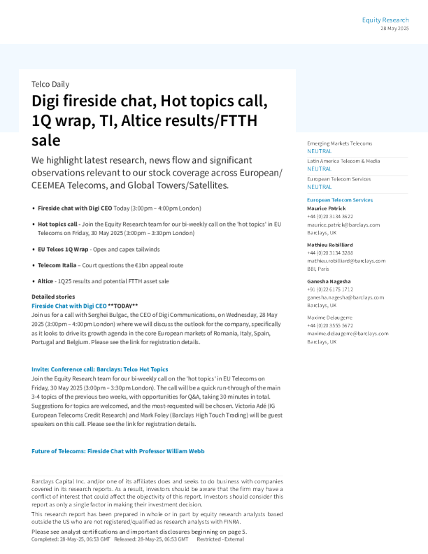 Digi炉边谈话、热门话题电话会议、第一季度总结、意大利电信、Altice业绩 光纤到户销售