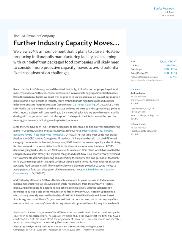 J.M.斯马克公司：进一步的行业产能变动