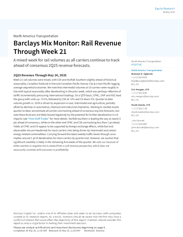 巴克莱混合监测：截至第21周的铁路收入