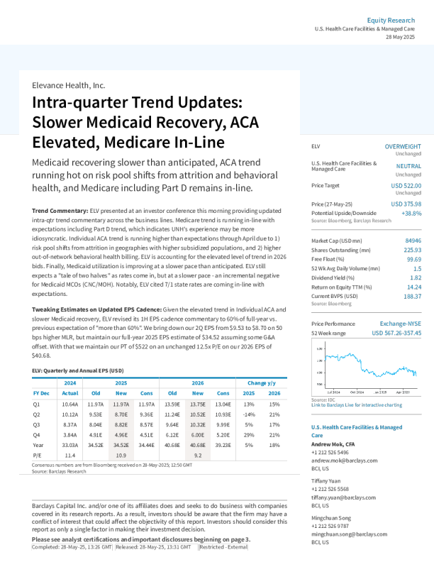 Elevance Health, Inc. 季度内趋势更新：医疗补助恢复较慢，ACA趋势上升，医疗保险符合预期