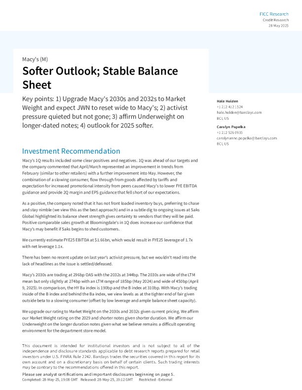 梅西百货（M）：前景趋软；资产负债表稳定