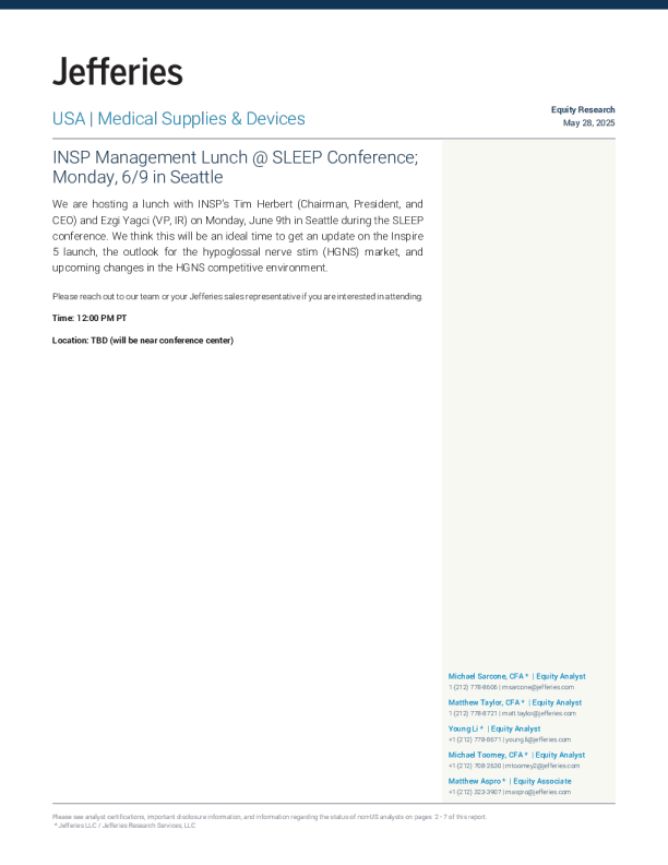 INSP管理层午餐会@SLEEP会议；6月9日（周一）于西雅图