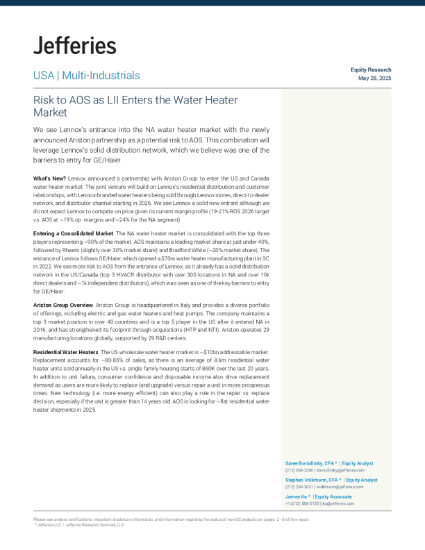 伦诺克斯进入热水器市场对AOS构成的风险