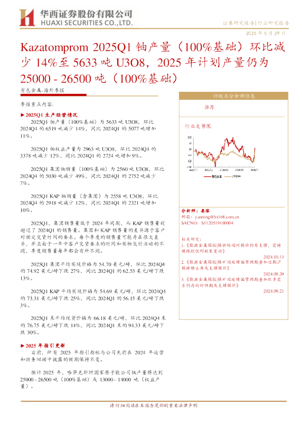 Kazatomprom2025Q1铀产量（100%基础）环比减少14%至5633吨U3O8，2025年计划产量仍为25000-26500吨（100%基础）