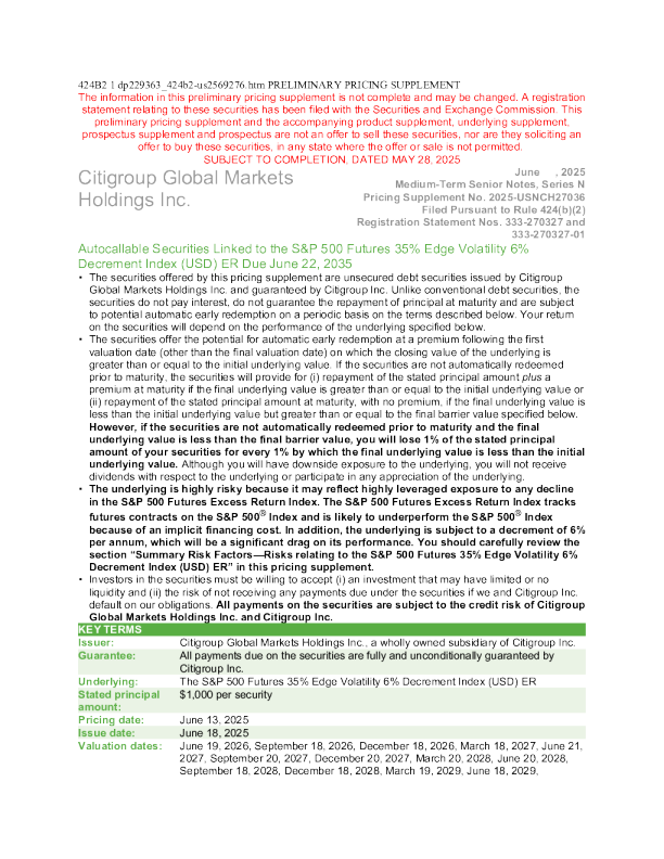 花旗集团美股招股说明书(2025-05-29版)
