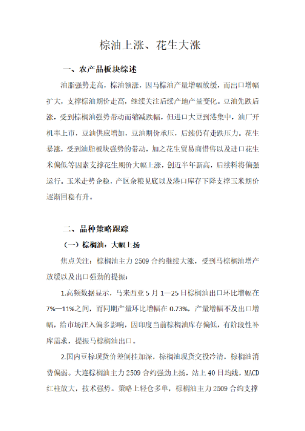 棕油上涨、花生大涨