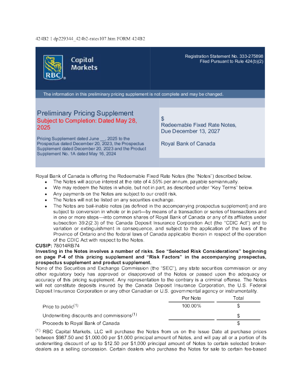 加拿大皇家银行美股招股说明书(2025-05-29版)