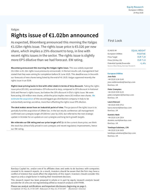 意大利天然气公司宣布10.2亿欧元配股发行