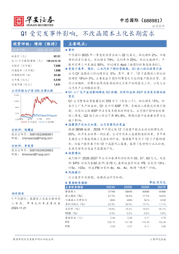 Q1受突发事件影响，不改晶圆本土化长期需求