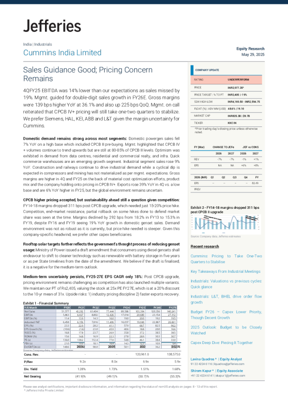康明斯印度有限公司:销售指引良好;定价担忧犹存