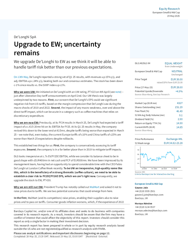 德龙公司（De'Longhi SpA）：上调至同等权重；不确定性犹存