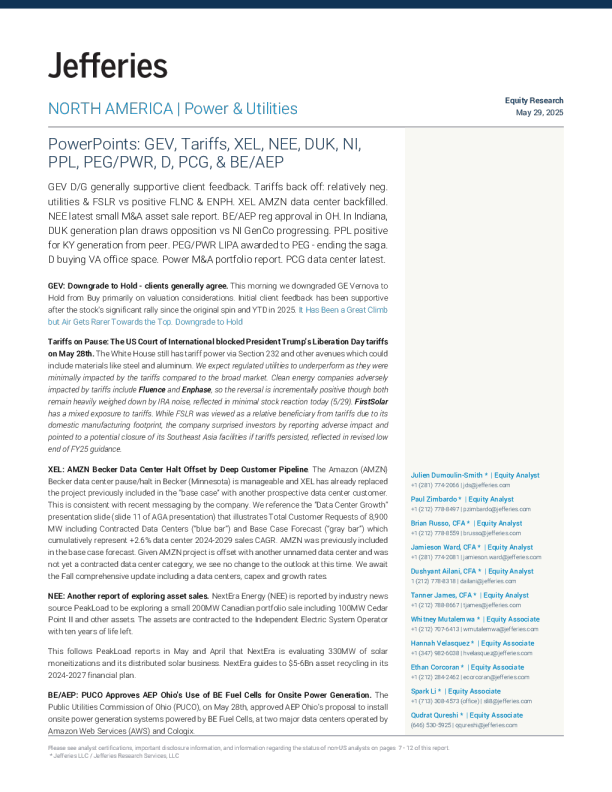 要点：GEV、关税、XEL、NEE、DUK、NI、PPL、PEG PWR、D、PCG及BE AEP