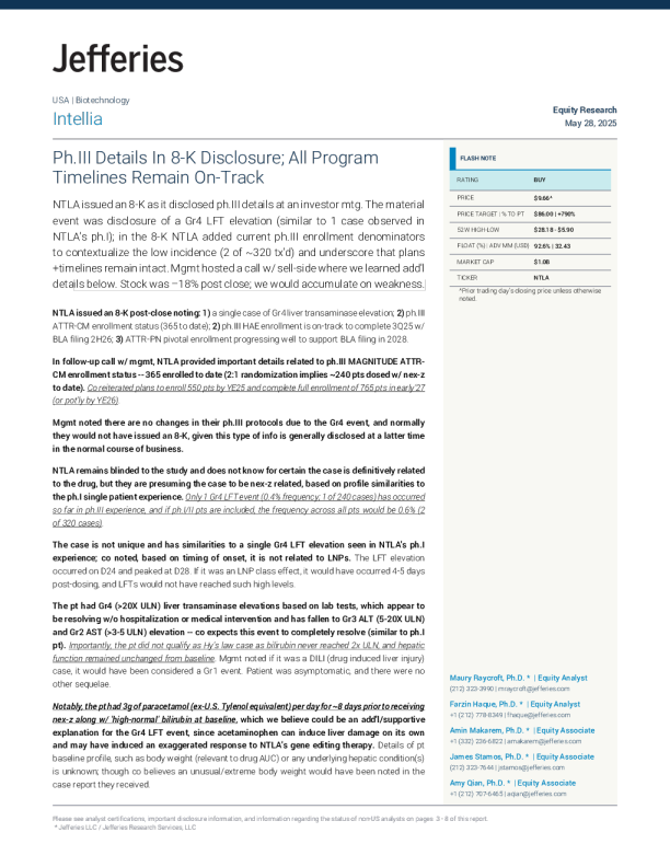 Intellia Therapeutics (NTLA)：8-K公告中的三期临床细节；所有项目时间表保持正常