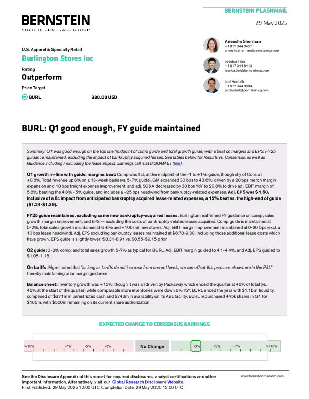 伯灵顿百货公司（BURL）：第一季度表现良好，维持财年指引