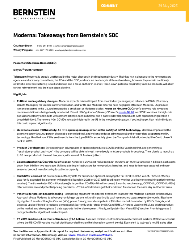 moderna：伯恩斯坦投资者日会议要点