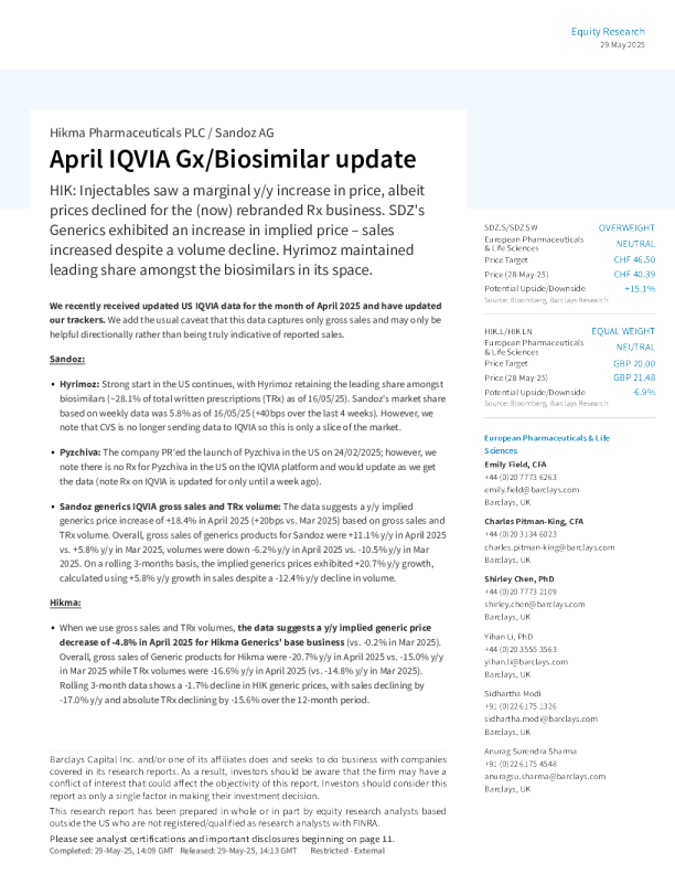 Hikma Pharmaceuticals PLC / Sandoz AG: 4月IQVIA仿制药/生物类似药更新