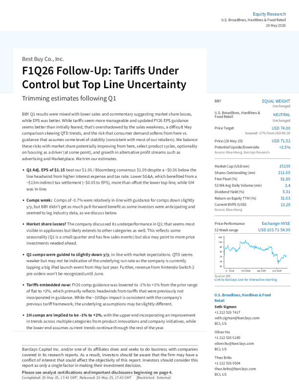 百思买公司（BBY）2026财年第一季度跟进：关税得到控制但收入上限存在不确定性