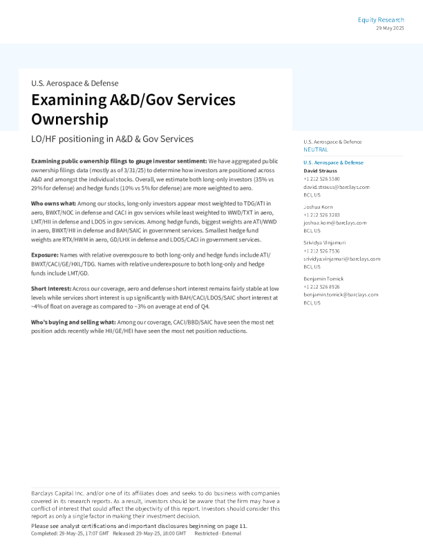 审视航空航天与国防 政府服务领域所有权：长期投资者 对冲基金在航空航天与国防及政府服务领域的持仓情况