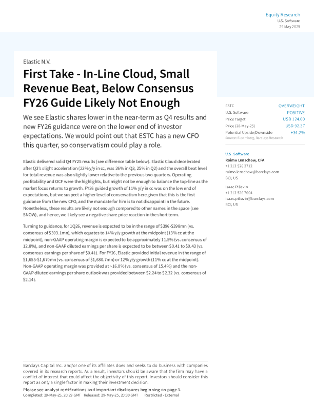 弹性公司（ESTC）：初步评估-云业务符合预期，收入略超预期，2026财年指引低于共识可能不足