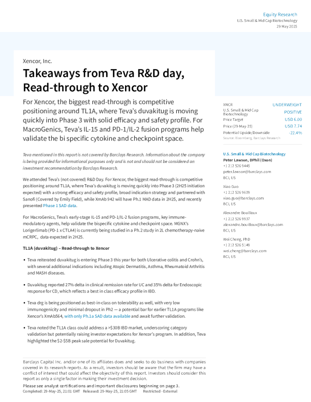 梯瓦制药研发日要点及对Xencor的影响