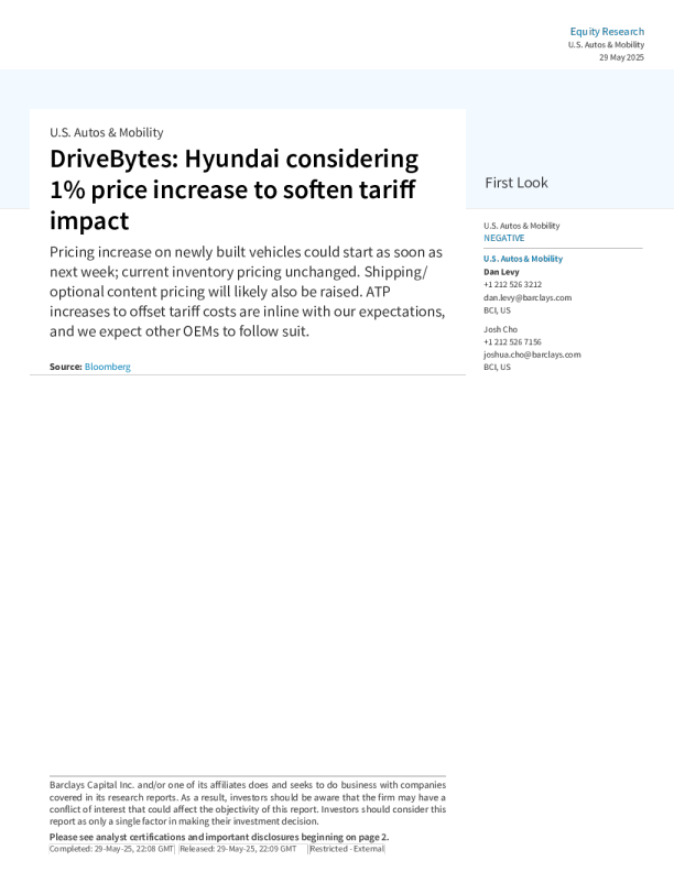 DriveBytes：现代汽车考虑提价1%以减轻关税影响