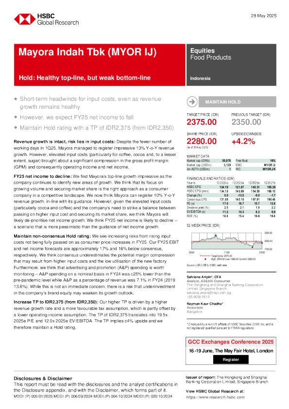 Mayora Indah Tbk（MYOR IJ）：持有：营业收入状况良好，但净利润表现较弱