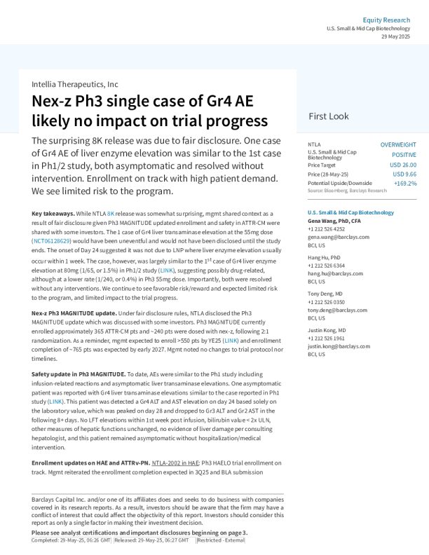 intellia therapeutics, inc（ntla）：nex-z3期试验中1例4级不良事件可能对试验进展无影响