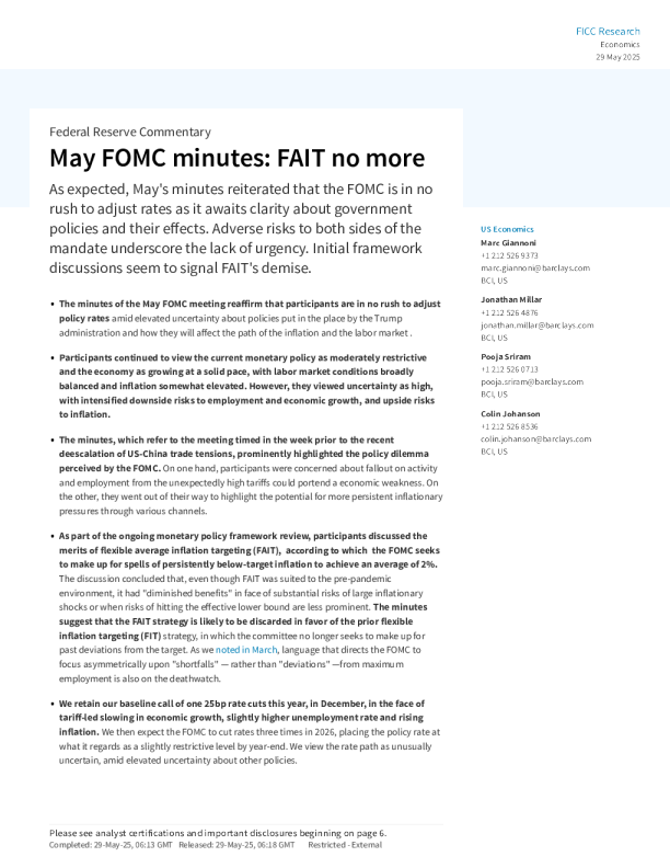 5月联邦公开市场委员会会议纪要：灵活平均通胀目标制（FAIT）不再适用