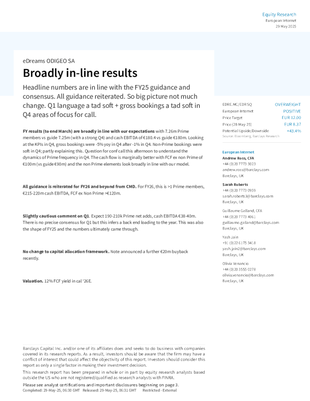 eDreams ODIGEO SA：总体符合预期的业绩