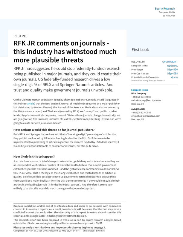 RELX PLC：小罗伯特·F·肯尼迪对期刊的评论——该行业经受住了更多看似合理的威胁