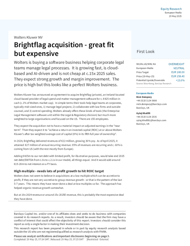 威科集团收购Brightflag——非常合适但价格昂贵