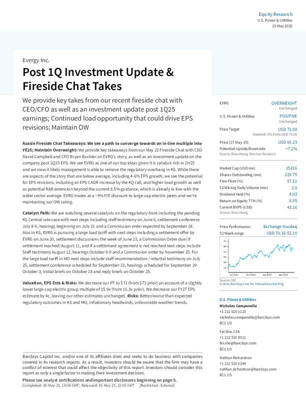 Evergy Inc. 第一季度投资更新及炉边谈话要点