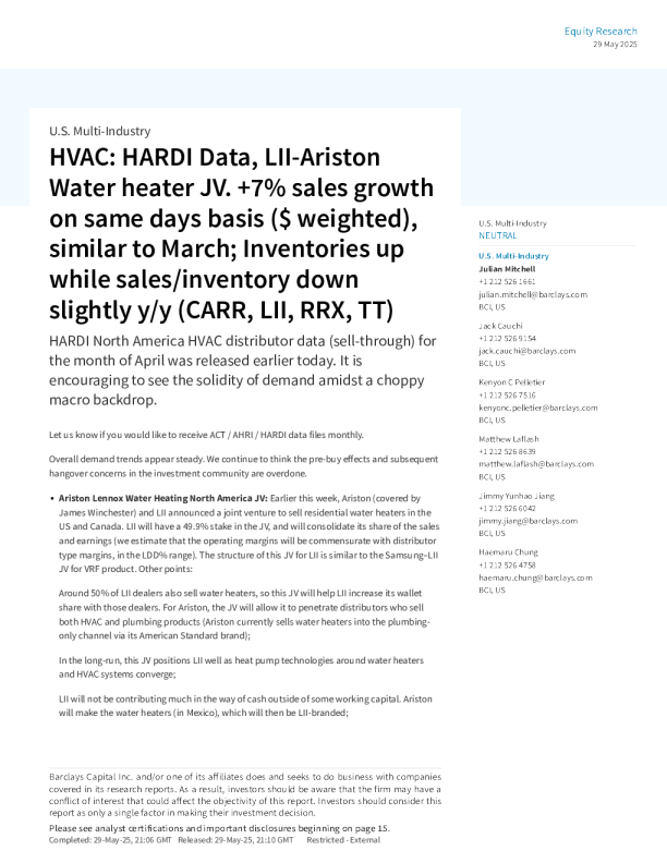 暖通空调：HARDI数据，LII -阿里斯顿热水器合资企业。按相同天数计算（美元加权）销售额增长7%，与3月相似；库存增加，而销售库存同比略有下降（CARR、LII、RRX、TT）