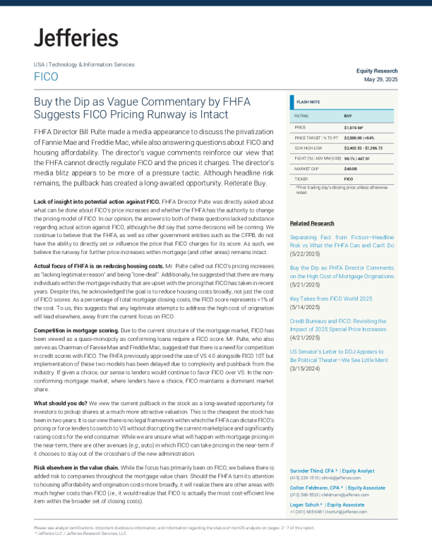 因fhfa模糊评论表明fico定价趋势未改，建议逢低买入