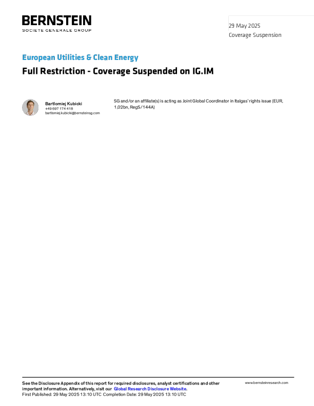 欧洲公用事业及清洁能源：全面限制-暂停对IG.IM的覆盖