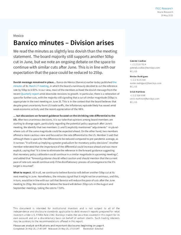 墨西哥央行会议纪要-出现分歧