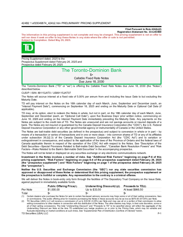 道明银行美股招股说明书(2025-05-30版)