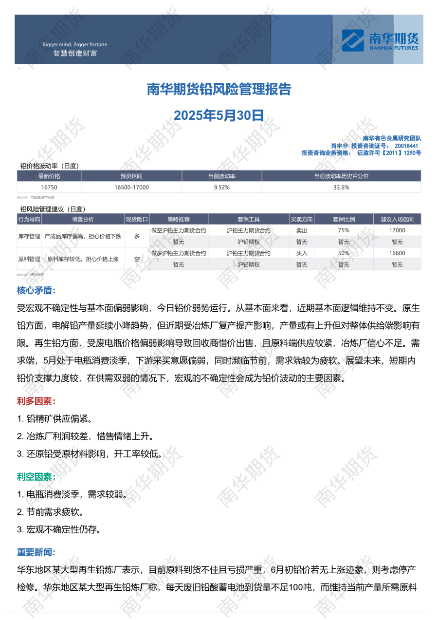 南华铅日报：信心不足，铅价可能继续下探20250530