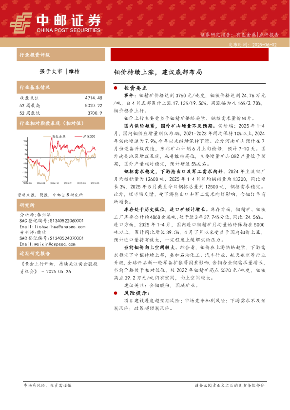 钼价持续上涨，建议底部布局